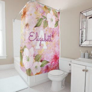 Bloemen  roze gouden waterverf monogram naam douchegordijn