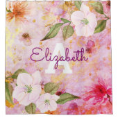 Bloemen  roze gouden waterverf monogram naam douchegordijn (Voorkant)