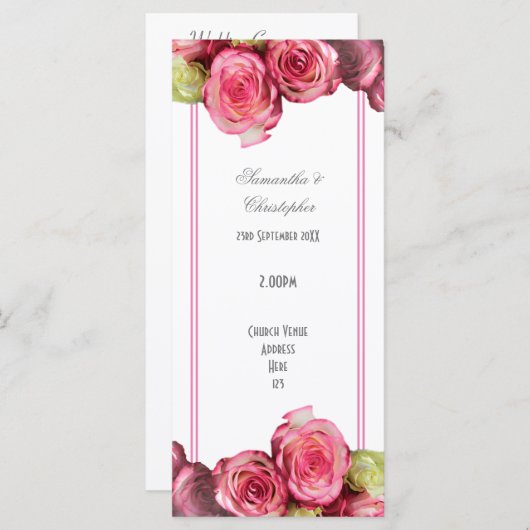 Bloemen roze grens roos kerk bruiloft programma programmakaart (Voorkant / Achterkant)