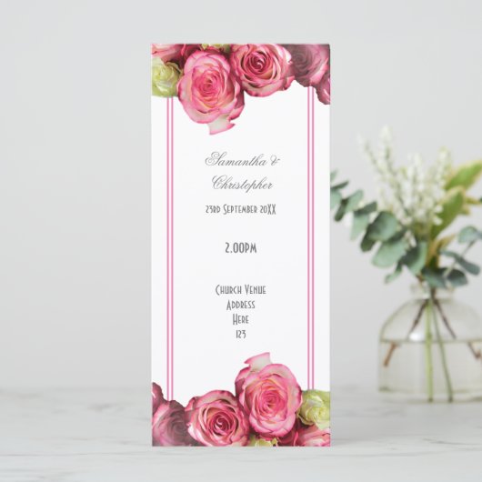 Bloemen roze grens roos kerk bruiloft programma programmakaart (Staand voorkant)