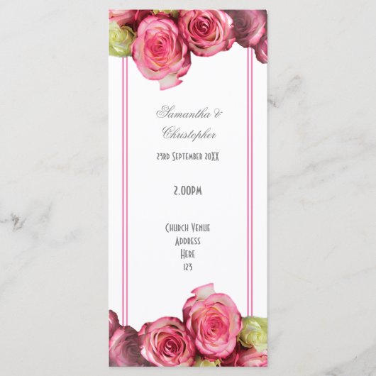 Bloemen roze grens roos kerk bruiloft programma programmakaart (Voorkant)