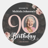 Bloemen Roze Grijs Custom Photo 90th Birthday Ronde Sticker (Voorkant)