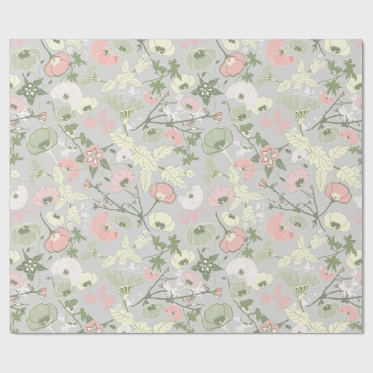 Bloemen Roze Groen Botanisch Patroon Cadeaupapier (Vlak)