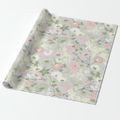 Bloemen Roze Groen Botanisch Patroon Cadeaupapier (Uitgerold)