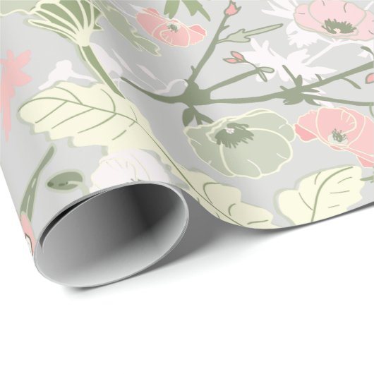 Bloemen Roze Groen Botanisch Patroon Cadeaupapier (Rol Hoek)