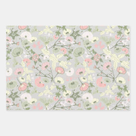 Bloemen Roze Groen Botanisch Patroon Inpakpapier Vel