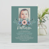 bloemen | Roze & Groene Doop Foto Kaart (Staand voorkant)