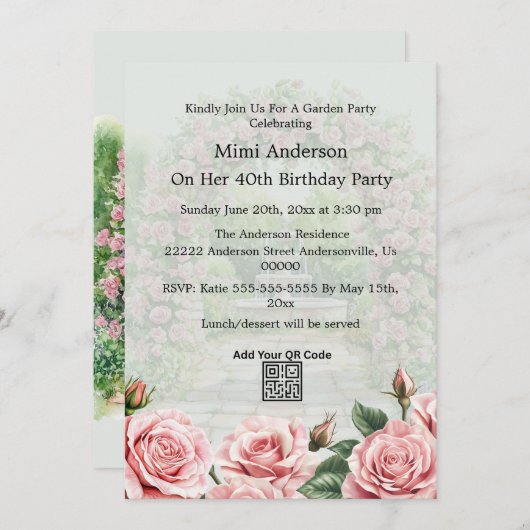Bloemen Roze/Groene Tuin Partij Verjaardag Uitnodi Kaart (Voorkant / Achterkant)