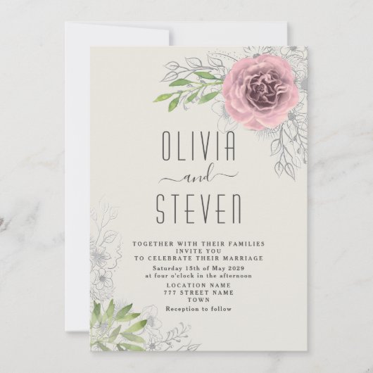  Bloemen Roze Huwelijksuitnodiging Kaart (Voorkant)