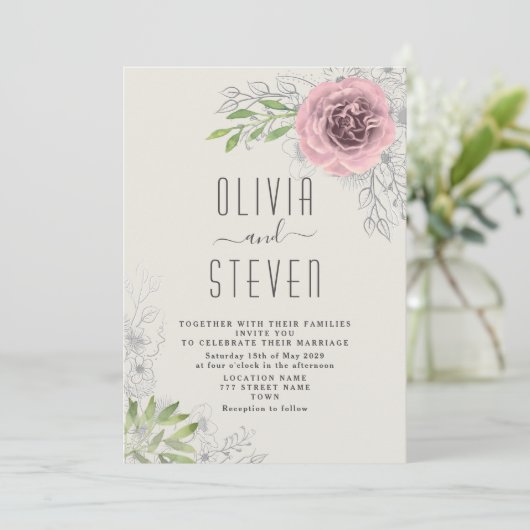  Bloemen Roze Huwelijksuitnodiging Kaart (Staand voorkant)