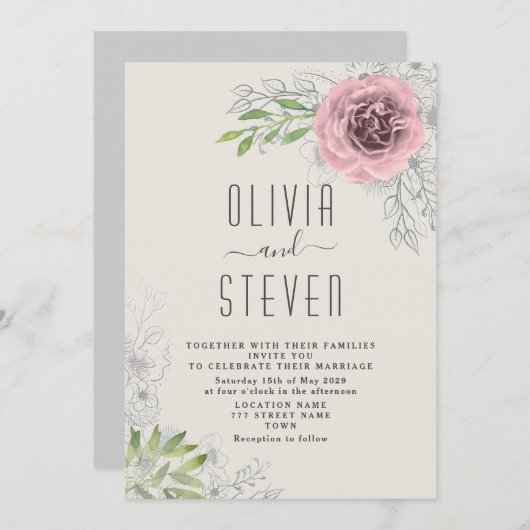  Bloemen Roze Huwelijksuitnodiging Kaart (Voorkant / Achterkant)