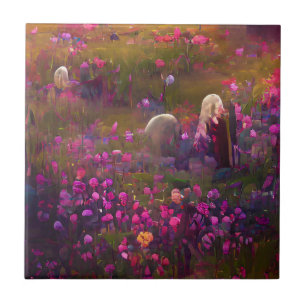 Bloemen roze in een groen veld digitale kunst tegeltje