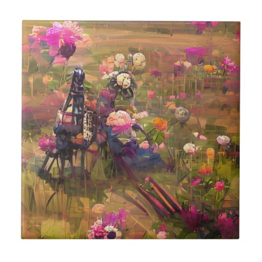 Bloemen roze in een groen veld digitale kunst tegeltje (Voorkant)
