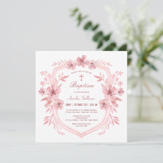 Bloemen Roze Kreeft Doop Uitnodiging (Staand voorkant)