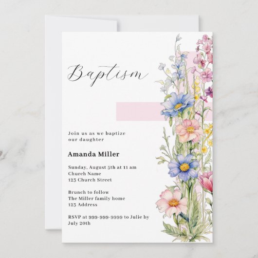 Bloemen roze kruis meisje Doop Kaart (Voorkant)