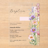 Bloemen roze kruis meisje duidelijk Doop Acryl Uitnodigingen (Voorkant)