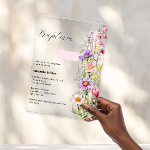 Bloemen roze kruis meisje duidelijk Doop Acryl Uitnodigingen