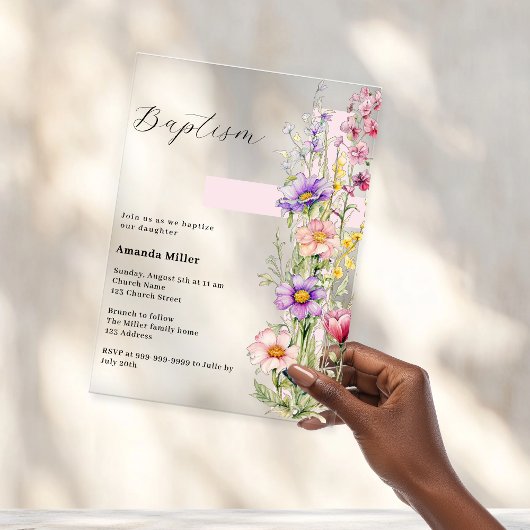Bloemen roze kruis meisje duidelijk Doop Acryl Uitnodigingen