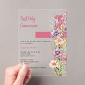 Bloemen roze kruis meisje duidelijk Eerste Communi Acryl Uitnodigingen (Insitu (Draagbaar))