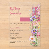 Bloemen roze kruis meisje duidelijk Eerste Communi Acryl Uitnodigingen (Voorkant)