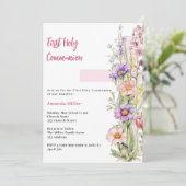 Bloemen roze kruis meisje Eerste Communie Kaart (Staand voorkant)