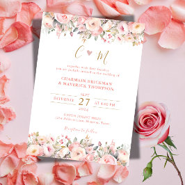 Bloemen Roze Lijst Goud Monogram Huwelijk Kaart