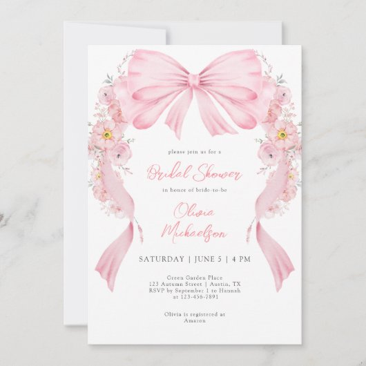 Bloemen Roze Lint Boog Coquette Vrijgezellenfeest Kaart (Voorkant)