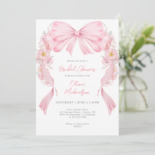 Bloemen Roze Lint Boog Coquette Vrijgezellenfeest Kaart (Staand voorkant)