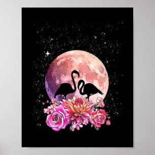 Bloemen roze maan en Flamingo Love Poster