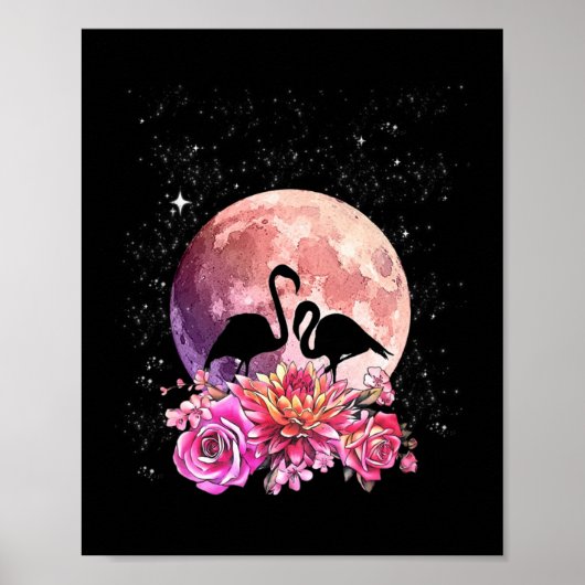 Bloemen roze maan en Flamingo Love Poster (Voorkant)