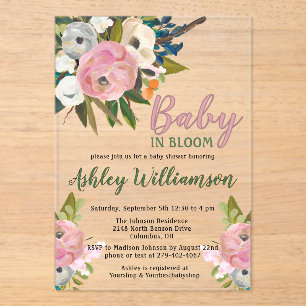 Bloemen Roze Meisje Baby in Bloom Hand Geschilderd Acryl Uitnodigingen