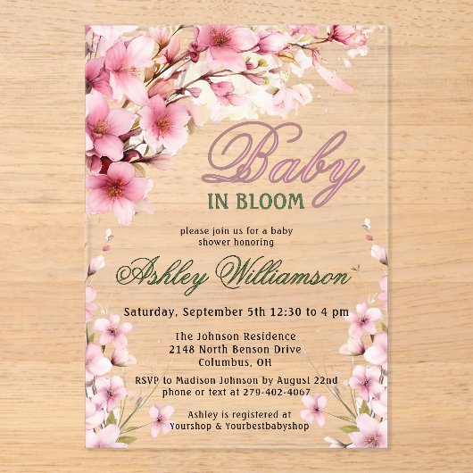 Bloemen Roze Meisje Baby in Bloom Waterverf Acryl Uitnodigingen (Voorkant)