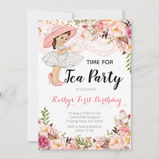 Bloemen Roze Meisje Thee Verjaardagsfeest Uitnodig Kaart (Voorkant)