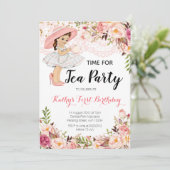 Bloemen Roze Meisje Thee Verjaardagsfeest Uitnodig Kaart (Staand voorkant)