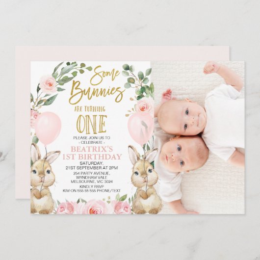 Bloemen Roze Meisje Tweeling Sommige konijnen 1e v Kaart (Voorkant / Achterkant)