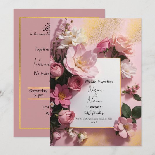 Bloemen roze nikkah uitnodiging (Voorkant / Achterkant)