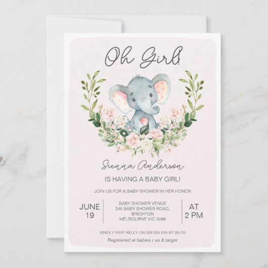 Bloemen Roze Oh Meisjes Olifant Baby shower Kaart (Voorkant)