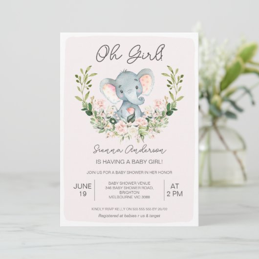 Bloemen Roze Oh Meisjes Olifant Baby shower Kaart (Staand voorkant)