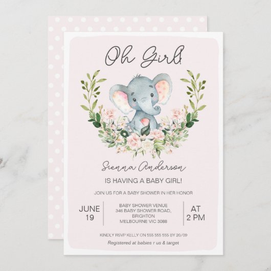 Bloemen Roze Oh Meisjes Olifant Baby shower Kaart (Voorkant / Achterkant)
