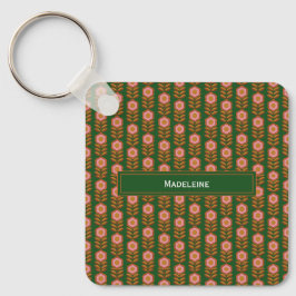 bloemen, roze op groen monogram budget sleutelhanger