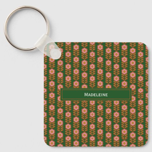 bloemen, roze op groen monogram budget sleutelhanger (Voorkant)