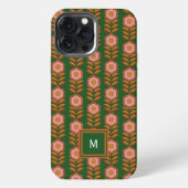 bloemen, roze op groene retro iPhone hoesje (Achterkant)