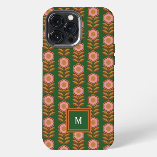  bloemen, roze op groene retro iPhone hoesje (Achterkant)