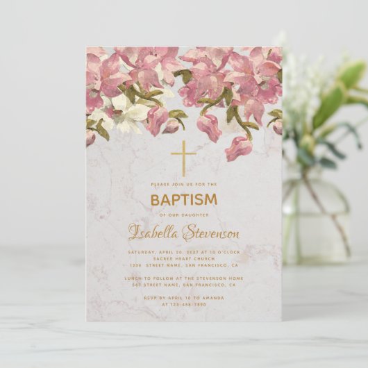 Bloemen Roze Orchideeën Marmeren Gouden Kruis Doop Kaart (Staand voorkant)