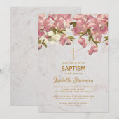 Bloemen Roze Orchideeën Marmeren Gouden Kruis Doop Kaart (Voorkant / Achterkant)