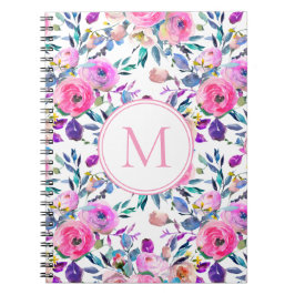 Bloemen Roze Paarse Custom Monogram Notitieboek