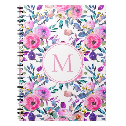 Bloemen Roze Paarse Custom Monogram Notitieboek (Voorkant)