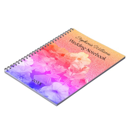 Bloemen Roze Paarse Glittery Custom Naam Bruiloft Notitieboek (Linkerzijde)