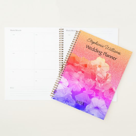 Bloemen Roze Paarse Glittery Custom Naam Bruiloft Planner (Display)