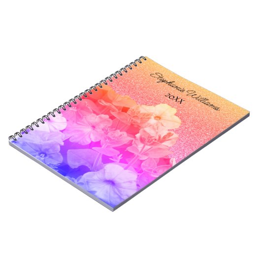Bloemen Roze Paarse Glittery Custom Name Ombre Sch Notitieboek (Linkerzijde)